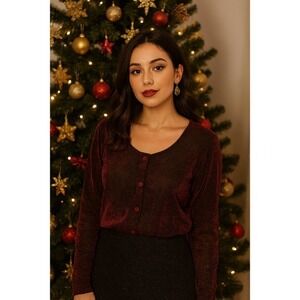 Vintage Burgundy Shimmer Blouse 1X Holiday Party Sheer Button Down Top